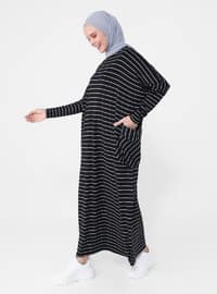Pocket Detailed Striped Natural Fabric Relax Fit Dress - Black