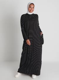 Pocket Detailed Striped Natural Fabric Relax Fit Dress - Black