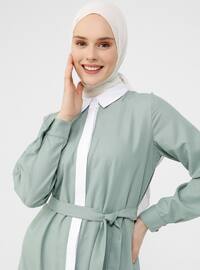 White - Green - Point Collar - Unlined - Modest Dress