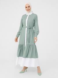 White - Green - Point Collar - Unlined - Modest Dress
