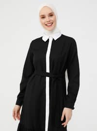 White - Black - Point Collar - Unlined - Modest Dress