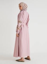 Embroidered Sleeve Poplin Dress - Dark Pink