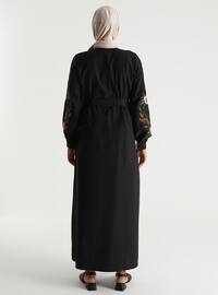 Embroidered Sleeve Poplin Dress - Black