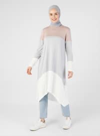 Color Block Natural Fabric Tunic - Deep Pink Light Gray White - Refka Casual