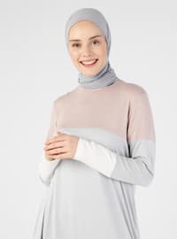 Color Block Natural Fabric Tunic - Deep Pink Light Gray White - Refka Casual