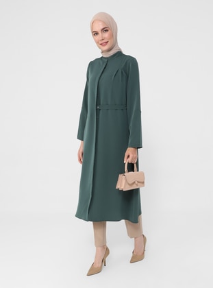 Waist Detailed Long Tunic with Hidden Button Placket - Emerald - Refka Woman