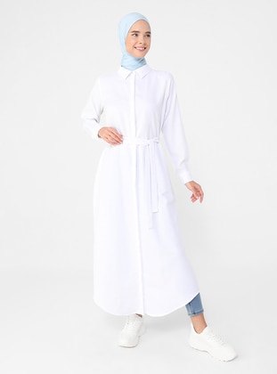 Oxford Fabric Hidden Button Placket Long Shirt Dress - Off white - Refka Basic