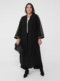 Natural Fabric Sleeves Embroidery Detailed Cape - Black