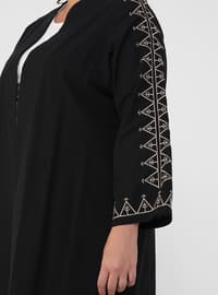 Natural Fabric Sleeves Embroidery Detailed Cape - Black