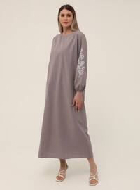 Oversize Natural Fabric Embroidery Detailed Dress - Dusty Lilac