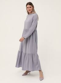 Oversize Natural Fabric Crew-Neck Dress - Lilac