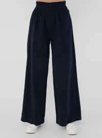 Natural Fabric Elastic Waist Trousers - Navy Blue
