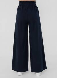 Natural Fabric Elastic Waist Trousers - Navy Blue