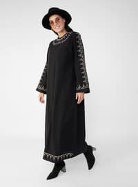 Natural Fabric Plus Size Embroidery Detailed Dress Black