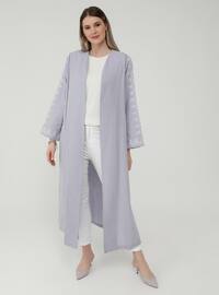 Natural Fabric Sleeves Embroidery Detailed Cape - Lilac