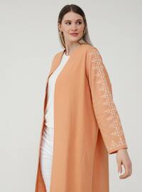 Natural Fabric Sleeves Embroidery Detailed Cape - Peach