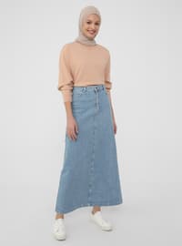 Natural Fabric Contrast Stitching Denim Skirt-Blue