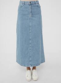 Natural Fabric Contrast Stitching Denim Skirt-Blue