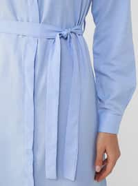 Oxford Fabric Hidden Button Placket Long Shirt Dress - Light Blue