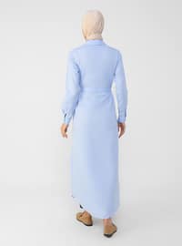 Oxford Fabric Hidden Button Placket Long Shirt Dress - Light Blue