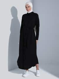 Oxford Fabric Long Shirt Modest Dress With Hidden Buttons Black