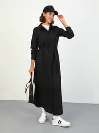 Oxford Fabric Long Shirt Modest Dress With Hidden Buttons Black