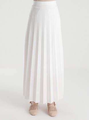 Lined Pleated Full Length Skirt 95 cm - Ecru - Refka Woman