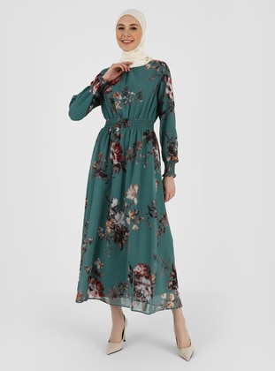 Chiffon Modest Dress Dark  Floral With Gipe Detail At The Sleeve And Waist