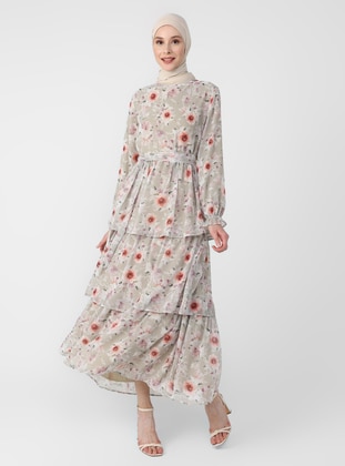 Chiffon Dress With Flounce Skirt - Gray Floral Print - Refka