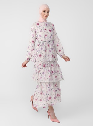 Chiffon Dress With Flounce Skirt - Powder Floral Print - Refka Woman