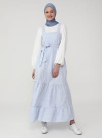 Blue - Gingham - Sweatheart Neckline - Unlined - Modest Dress