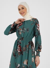 Chiffon Modest Dress Dark Floral With Gipe Detail At The Sleeve And Waist