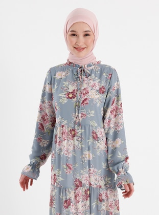 Tie-on Collar Chiffon Relax Fit Dress - Gray Pink Floral Print - Refka