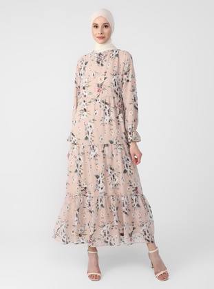 Tie-on Collar Chiffon Relax Fit Dress - Powder Floral Print - Refka Woman