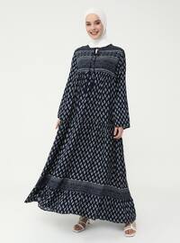 Navy Blue - Multi - Crew neck - Unlined - Modest Dress - Casual