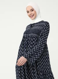 Navy Blue - Multi - Crew neck - Unlined - Modest Dress - Casual