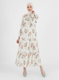 Tie-on Collar Chiffon Relax Fit Dress - White Floral Print - Woman