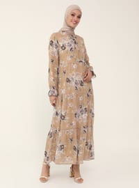 Tie-on Collar Chiffon Relax Fit Dress - Gold Floral Print