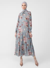 Tie-on Collar Chiffon Relax Fit Dress - Gray Pink Floral Print