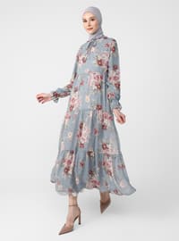 Tie-on Collar Chiffon Relax Fit Dress - Gray Pink Floral Print