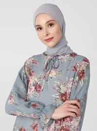 فستان شيفون مريح مع ربطة عنق بقصة ضيقة - زهر وردي رمادي - ريفكا وومان