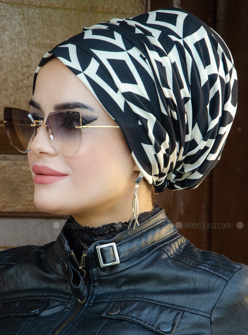 Patterned Instant Hijab Black And White Instant Scarf