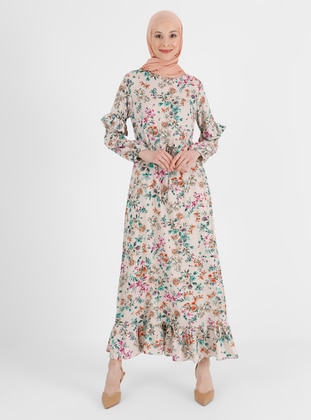 Beige - Floral - Crew neck - Unlined - Modest Dress - Refka