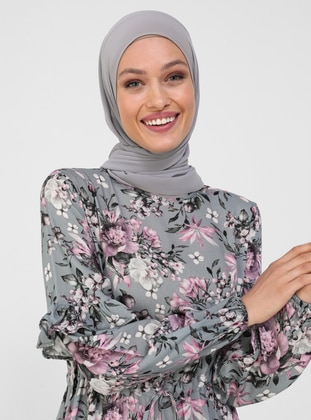 Gray - Pink - Floral - Crew neck - Unlined - Modest Dress - Refka