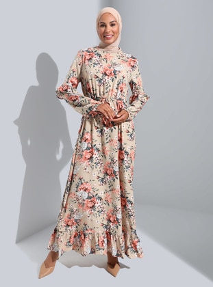 Natural Fabric Ruffle Detailed Dress Powder Floral