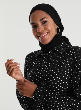 Natural Fabric Polka Dot Shirt Dress - Black - Refka