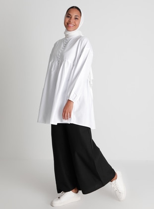 Elastic Waist Cotton Oxford Bag Trousers - Black - Refka Casual