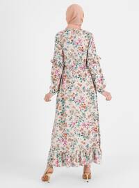 Beige - Floral - Crew neck - Unlined - Modest Dress