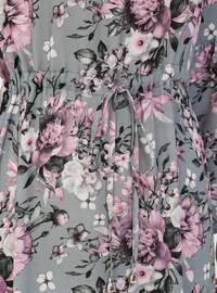 Gray - Pink - Floral - Crew neck - Unlined - Modest Dress