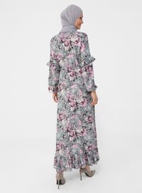 Gray - Pink - Floral - Crew neck - Unlined - Modest Dress